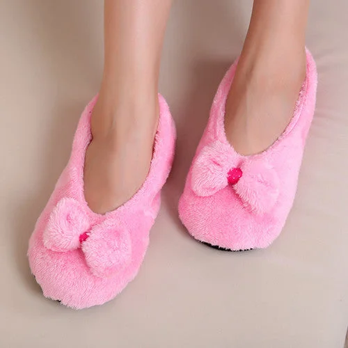 Slippers with minimal rest-Big Bow Knot Warm Soft Sole Women Indoor Floor Slippers/Shoes Bow Tie Flannel Home Slippers