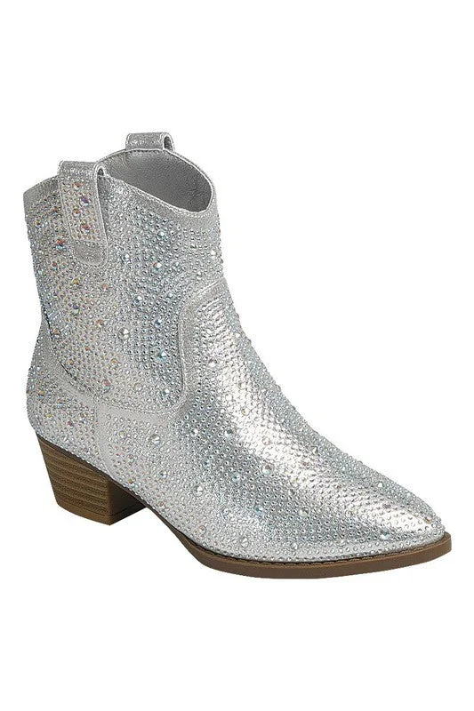 Fashionable high-top boots for women -Silver Rhinestone Boots- Short Western