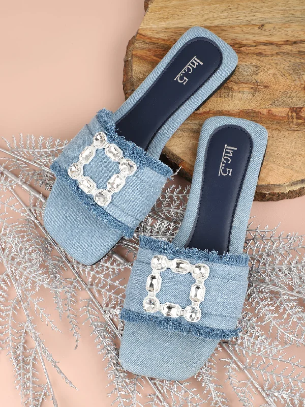 lightweight ballet flats-Women Blue & Silver-Toned Denim Buckle Detailed Open Toe Flats