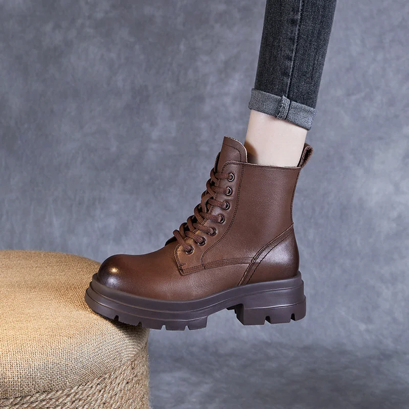 Boots for all-day snow hiking comfort -Women Retro Leather Classic Handmade Chunky Sole Boots