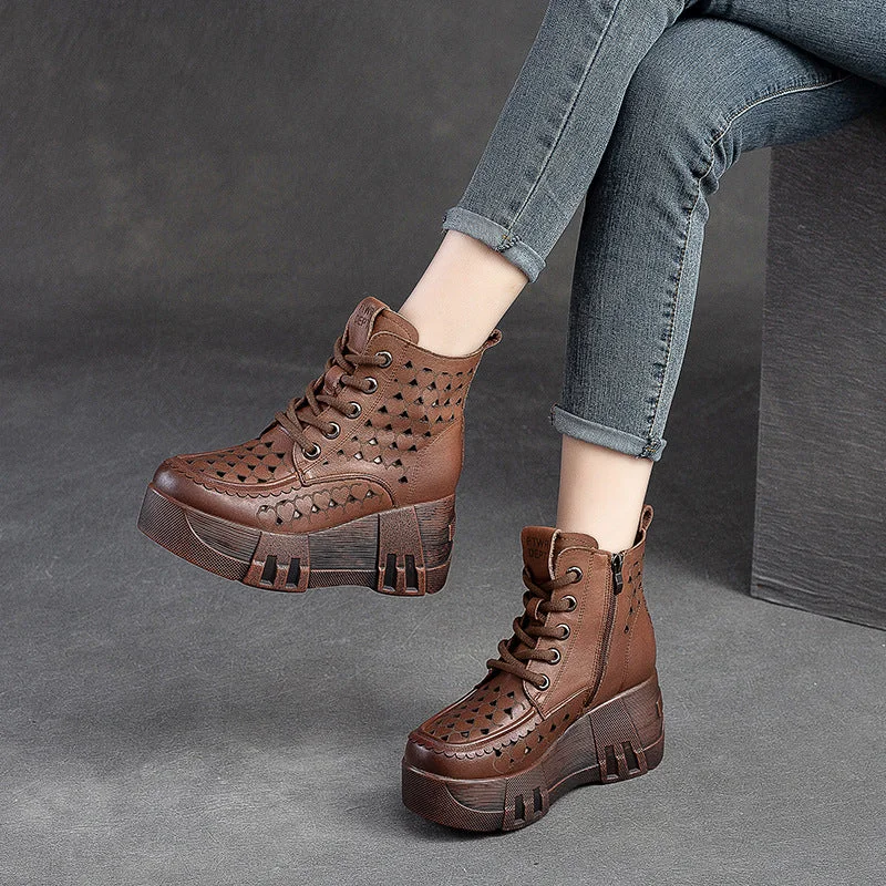 Comfortable boots for flat feet -Women Retro Hollow Leather Chunky Platform Boots