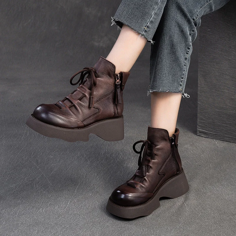 Comfortable snow boots for city walks in winter -Women Handmade Leather Casual Platform Boots