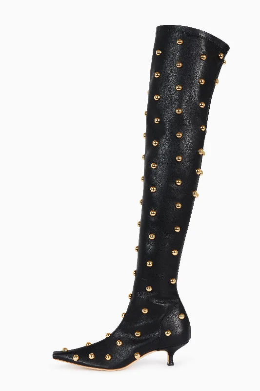 Cold weather boots with traction -Veronica Borchie Stretch Knee Kitten Heel Boot Black Gold