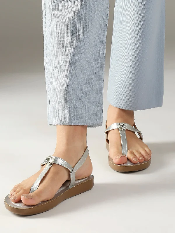 chic nude flats-Women Silver T-Strap Flats with Buckle Detail