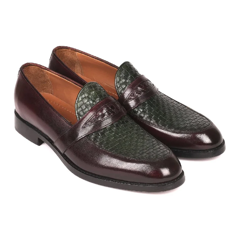 breathable work loafers-Paul Parkman Men's Shoes Green / Brown Woven & Calf-Skin Leather Slip-On Loafers 548LF832 (PM6208)