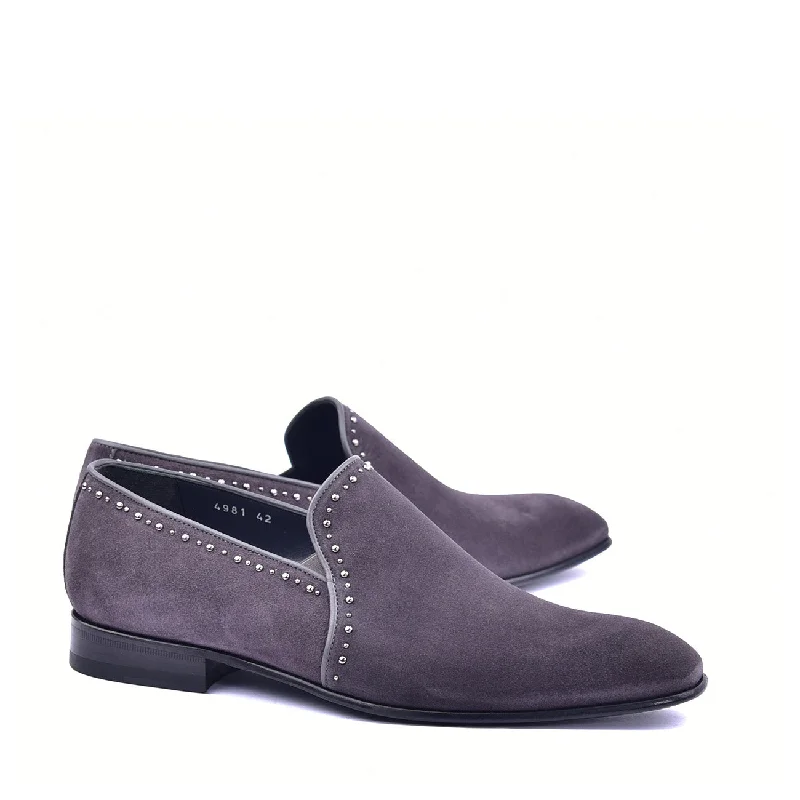 elegant pink loafers-Corrente C042 4981S Men's Shoes Grey Plain Suede / Calf Skin Leather with Studs Loafers (CRT1368)