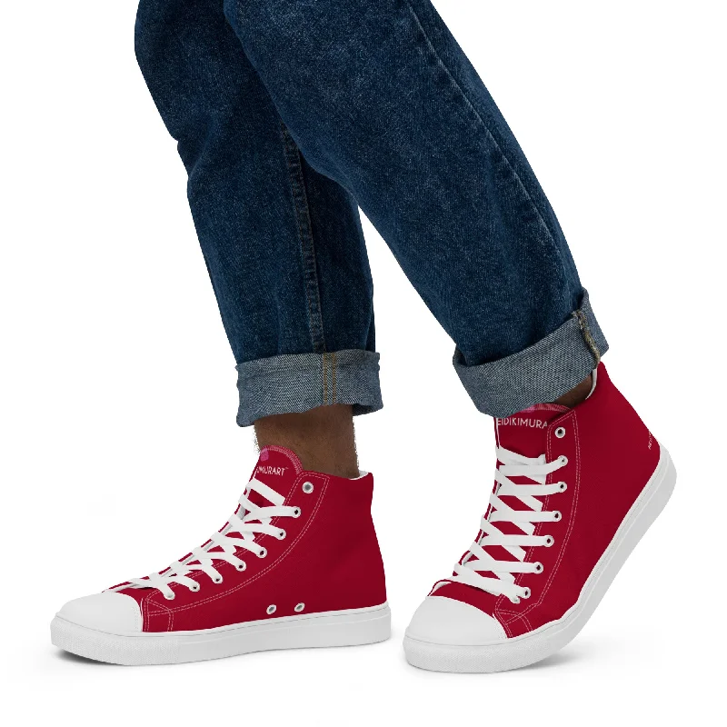 Red Color Men's High Tops, Solid Red Color Men’s High Top Sneakers Canvas Tennis Shoes With White Laces and Faux Leather Toe Caps (US Size: 5-13)