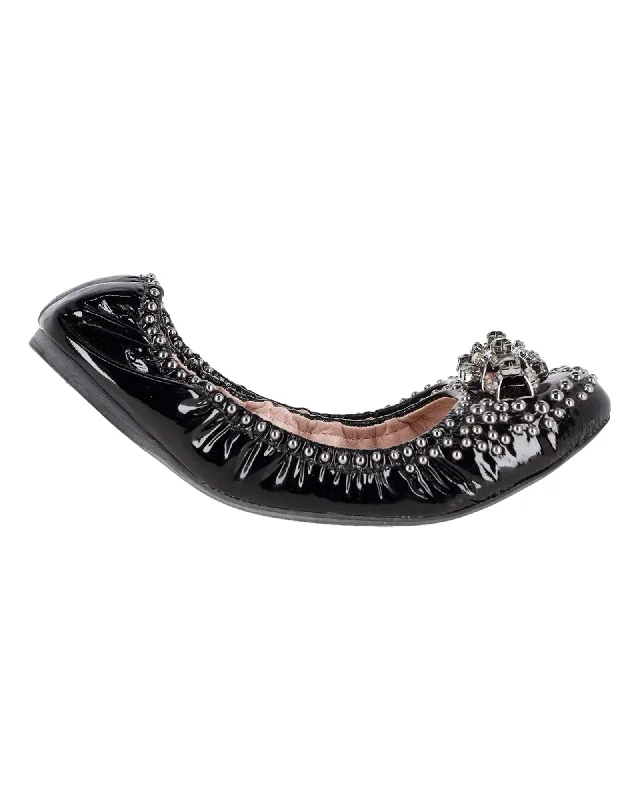 Miu Miu Embellished Ballerinas in Black Patent Leather