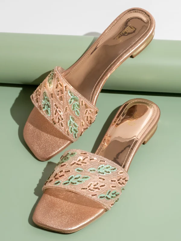 soft leather flats-Women Rose Gold Ethnic Embroidered Open Toe Flats