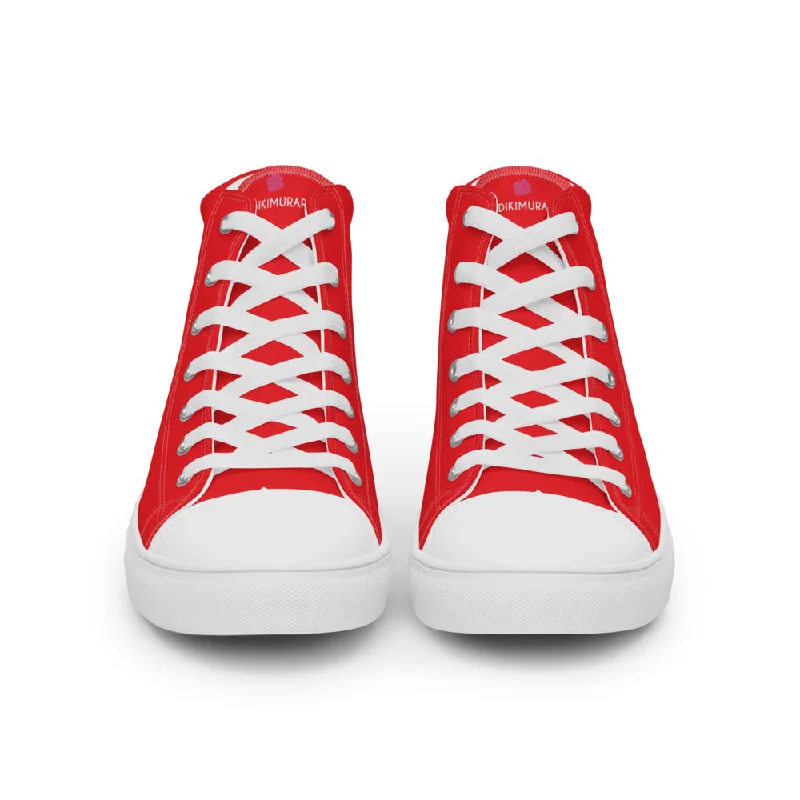 Bright Red Men's High Tops, Solid Red Color Men’s High Top Sneakers Canvas Tennis Shoes With White Laces and Faux Leather Toe Caps (US Size: 5-13)