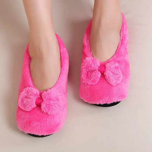 Slippers for summer vibes-BowKnot Warm Soft Sole Women Indoor Floor Slippers/Shoes Bow Tie Flannel Home Slippers