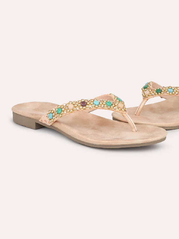 non-slip summer flats-Women Rose Gold Ethnic Embellished Open Toe Flats