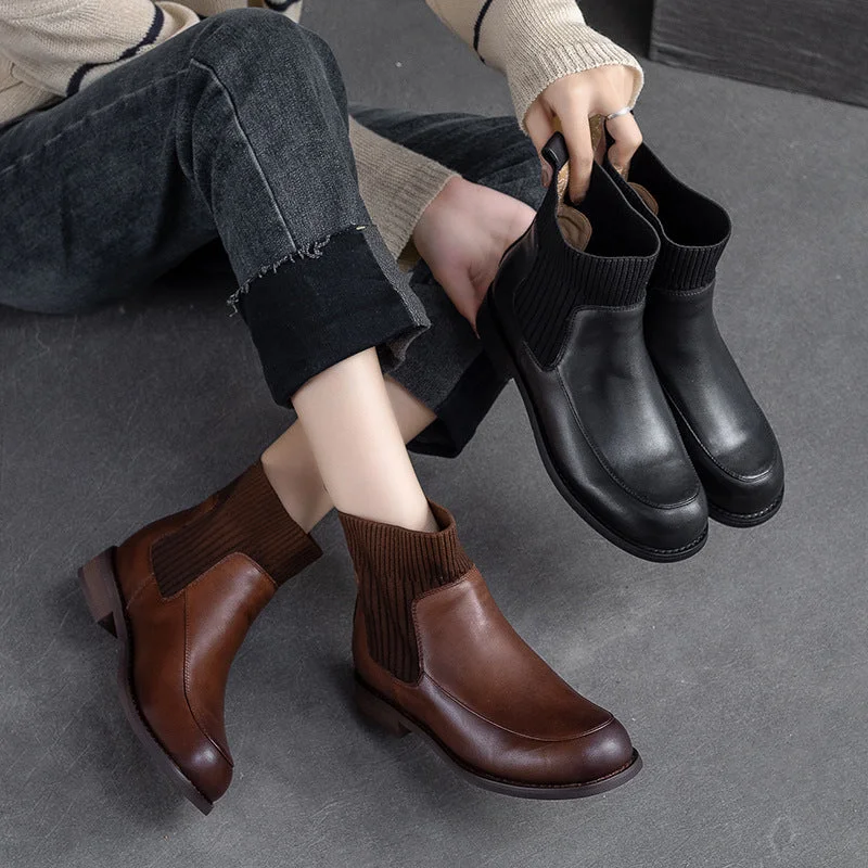 Chelsea boots for women -Women Retro Leather Patchwork Ankle Sock Boots