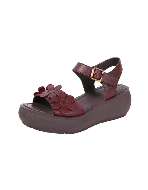 women’s sandals with metallic heels -Leather Retro Flower Comfortable Wedge Sandals