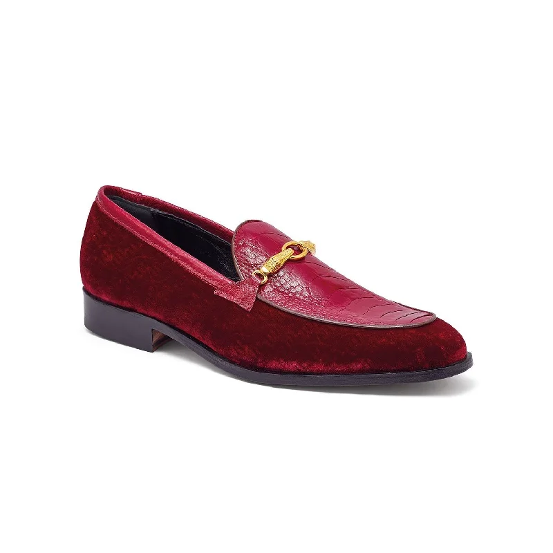 trendy gold loafers-Mauri 4932 Baron Men's Shoes Ruby Red Velvet Print / Ostrich Leg Horsebit Loafers (MA5300)