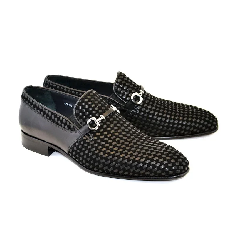 versatile white loafers-Corrente C0220-5776 Men's Shoes Black Woven / Suede / Calf-Skin Leather Horsebit Loafers (CRT1216)