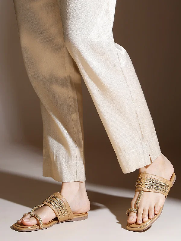 soft canvas flats-Women Beige And Gold-Toned Embellished One Toe Flats