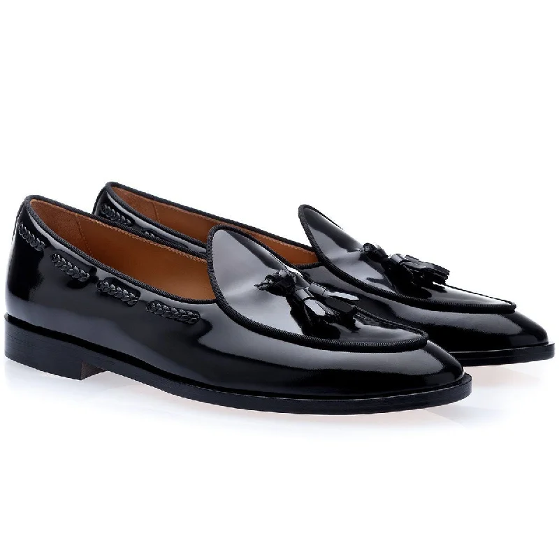 chic black loafers-SUPERGLAMOUROUS Tangerine 8 Brushed Men's Shoes Black Polished Leather Belgian Loafers (SPGM1152)