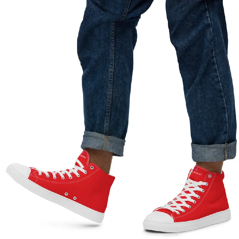 Bright Red Men's High Tops, Solid Red Color Men’s High Top Sneakers Canvas Tennis Shoes With White Laces and Faux Leather Toe Caps (US Size: 5-13)