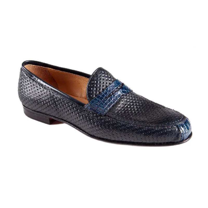 versatile nude loafers-Mauri Men's Designer Shoes Blue Navy Exotic Crocodile / Texture Print Calf-Skin Leather Penny Loafers 4893 (MAO1032)