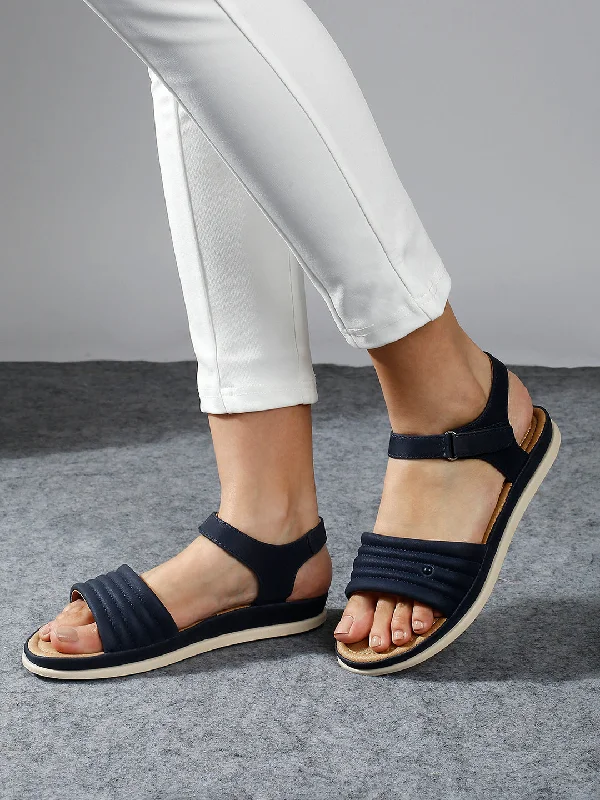 trendy blue flats-Women Navy Textured T-Strap Open Toe Flats With Backstrap