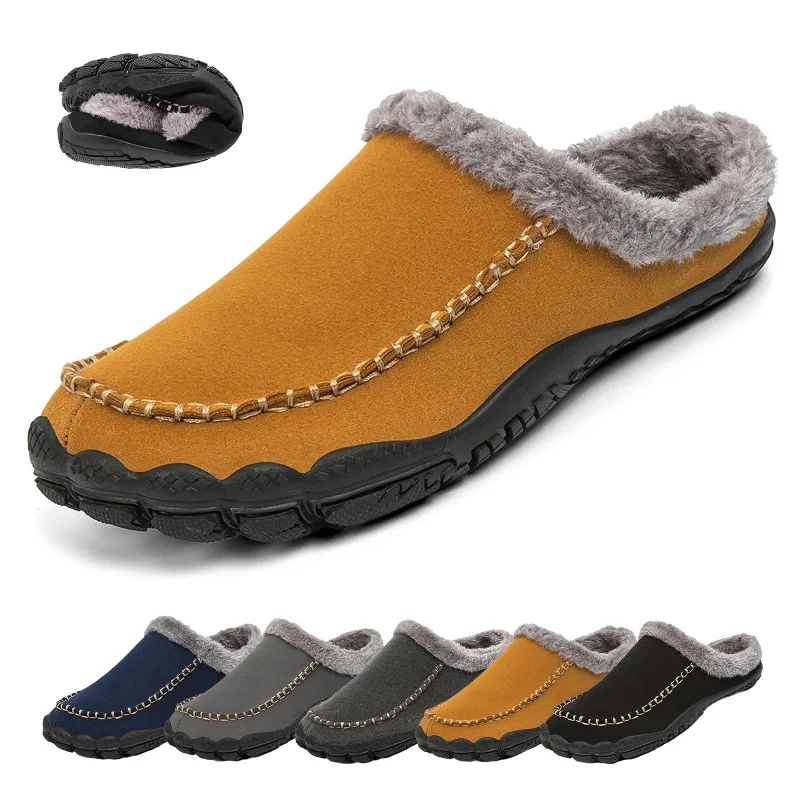 Slippers with easy slip-on-Men's Winter Warm Slippers Lightweight Anti-slip Cozy Fuzzy Winter House Slippers Wide Indoor Outdoor Shoes