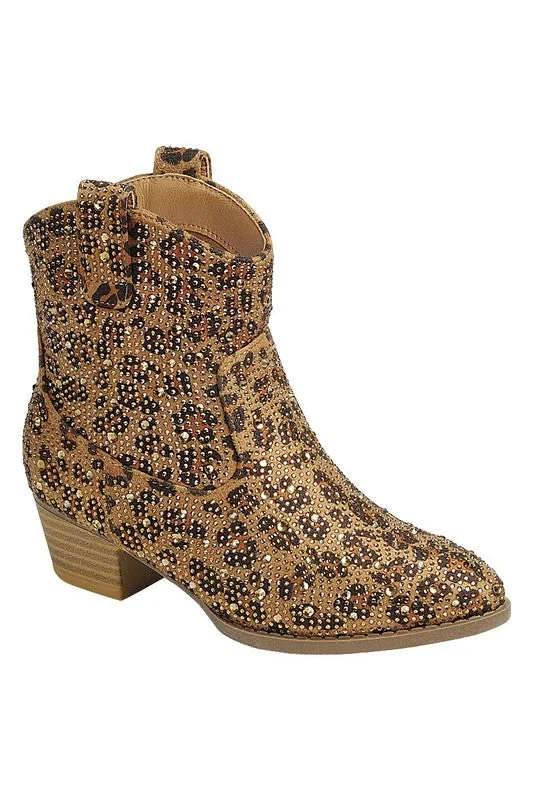 Stylish boots for walking through snowy streets -Leopard Rhinestone Boots- Short Western