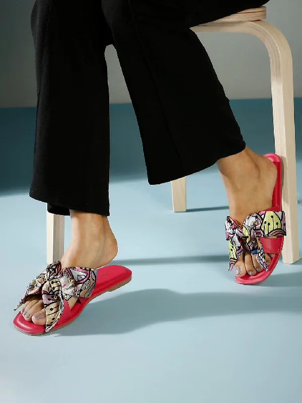 lightweight casual flats-Women Pink Printed Open Toe Flats With Bows