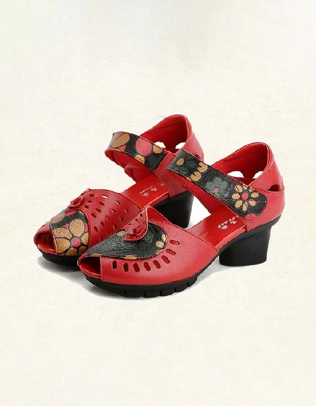 women’s sandals with low heels -Fish-toe Printed Leather Ethnic Chunky Sandals