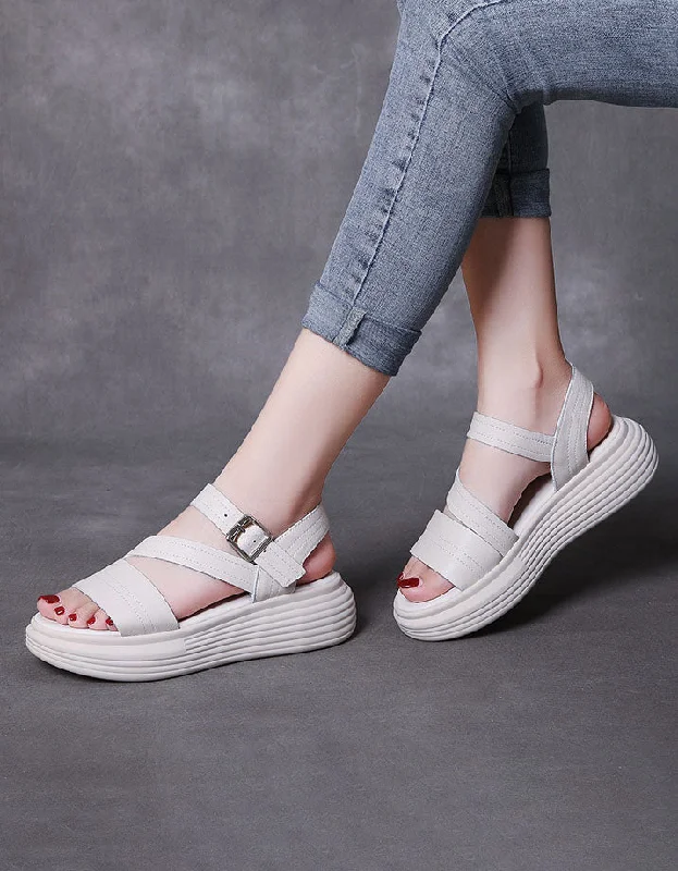 women’s sandals with wedge soles -Thick Heel Cut-out Retro White Sandals