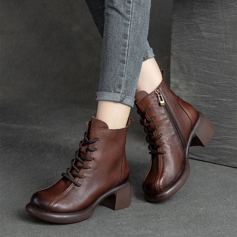 Comfortable boots for high arches -Women Retro Soft Leather Chunky Heel Boots