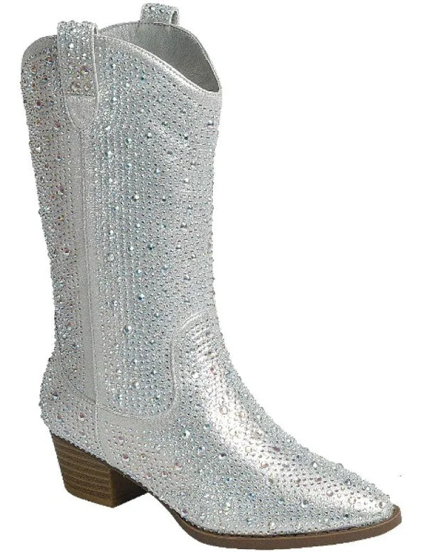 Fashion boots for streetwear style -Silver Rhinestone Boots - Tall Western