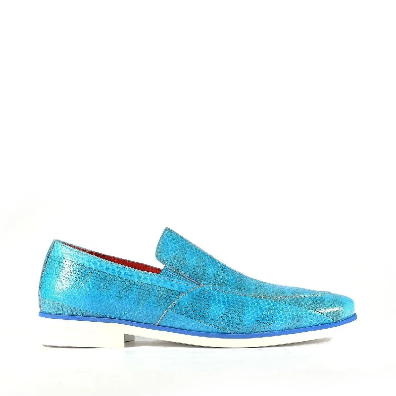 durable travel loafers-Fennix Daniel Men's Shoes Blue Turquoise Genuine Eel-Skin Slip-on Loafers (FXS2600)