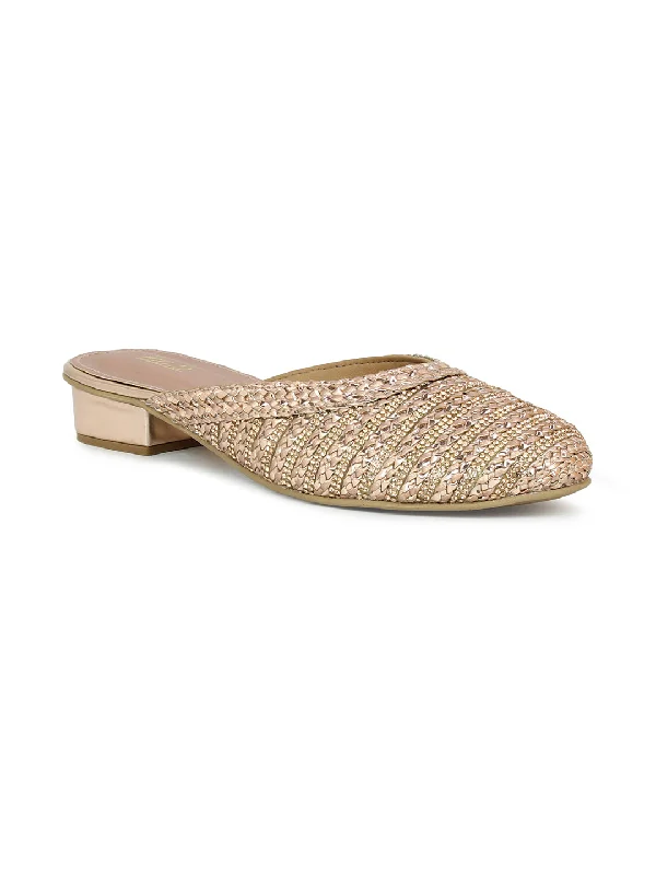 lightweight slip-on flats-Women Rose Gold Embellished Ethnic Mules Flats