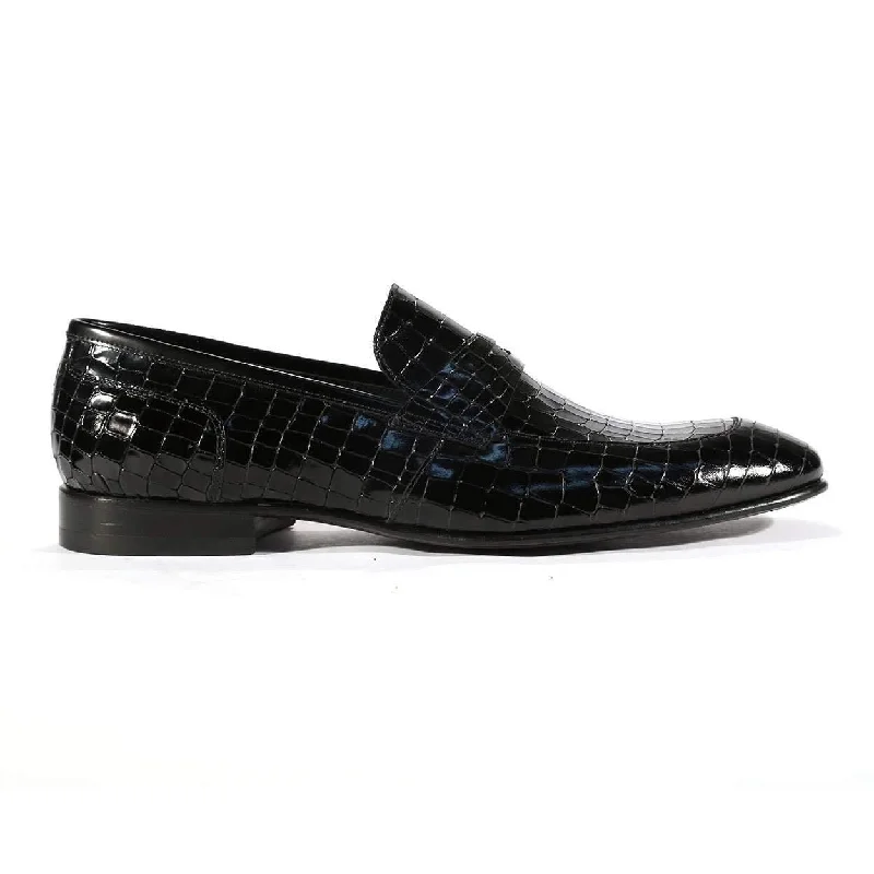 lightweight work loafers-Corrente C123-3470 Men's Designer Shoes Black Alligator Print / Calf-Skin Leather Loafers (CRT1016)