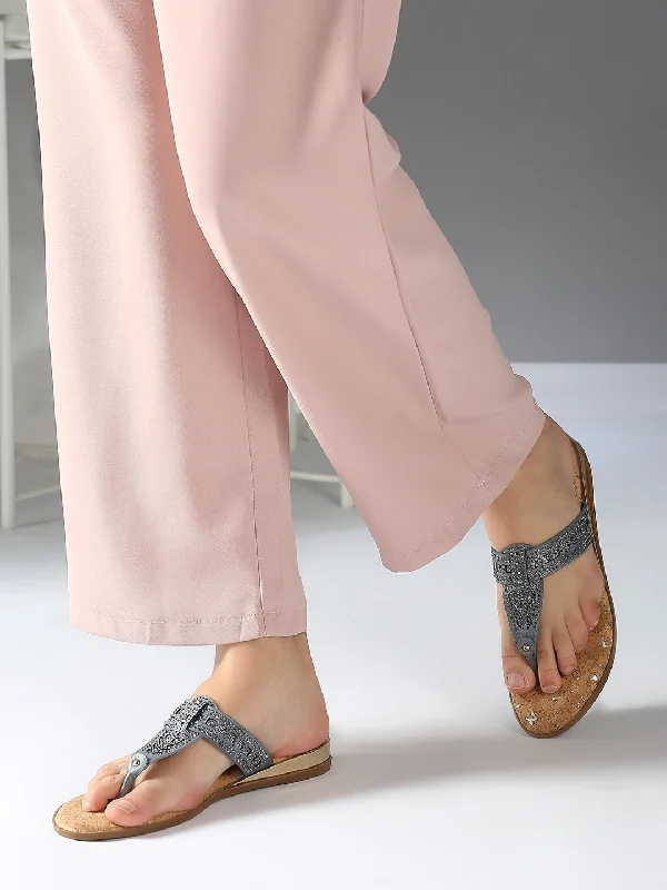 sleek patent flats-Women Grey Cork Finish Embellished T-Strap Flats