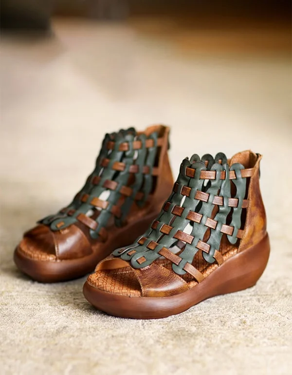 men’s sandals with rugged soles -Handmade Woven Retro Leather Sandals