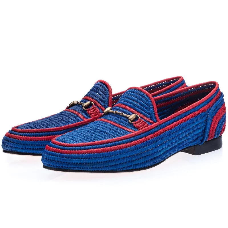 comfy summer loafers-SUPERGLAMOUROUS Jadida Men's Shoes Royal Blue Rafia Fabric Hosebit Loafers (SPGM1328)