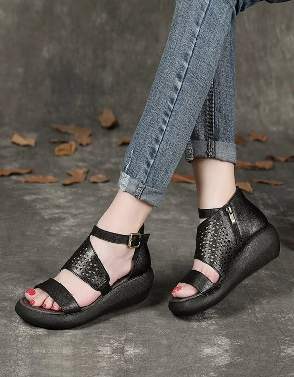 sandals with breathable heels -Women's Summer Wedge Ankle Strap Sandals