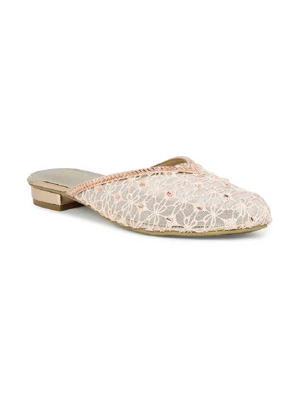 soft suede flats-Women Rose Gold Embellished Ethnic Mules Flats