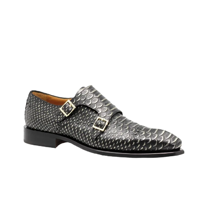 sleek gold loafers-Ambrogio 40418-A147 Men's Shoes Black Lorando Snake Print / Calf-Skin Leather Monk-Straps Loafers (AMBXS1010)