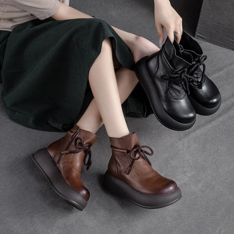 Chunky sole boots for women -Women Retro Minimalist Casual Leather Platform Boots