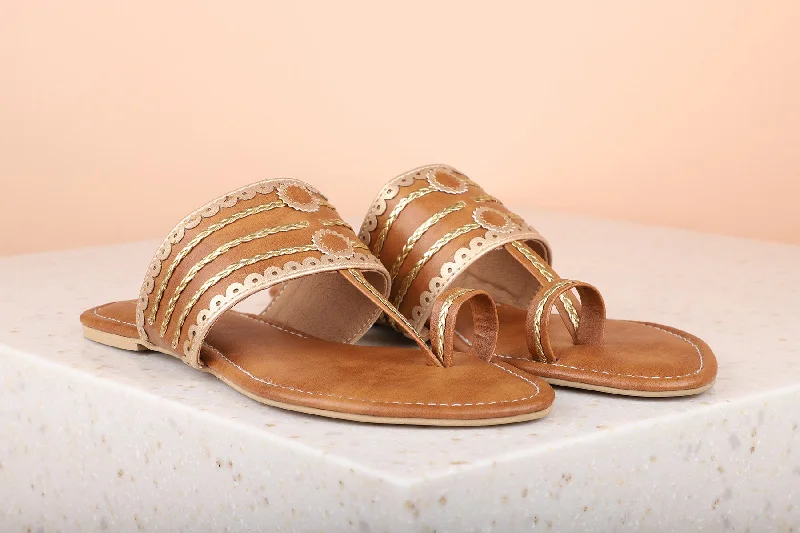 simple travel flats-Women Tan & Toned Embellished One Toe Flats