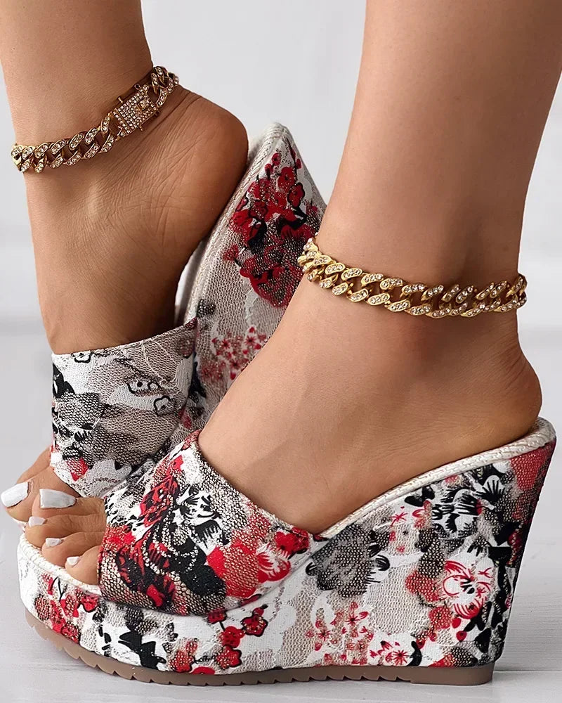 Slippers for long hues-Women Shoes Fashion Shoes Casual Flip Flops Summer Vintage Floral Print Peep Toe Wedge Slippers