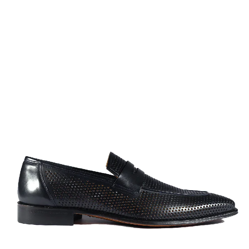 soft leather loafers-Mezlan S20296 Men's Shoes Navy Perforated Leather Classic Penny Loafers (MZS3481)