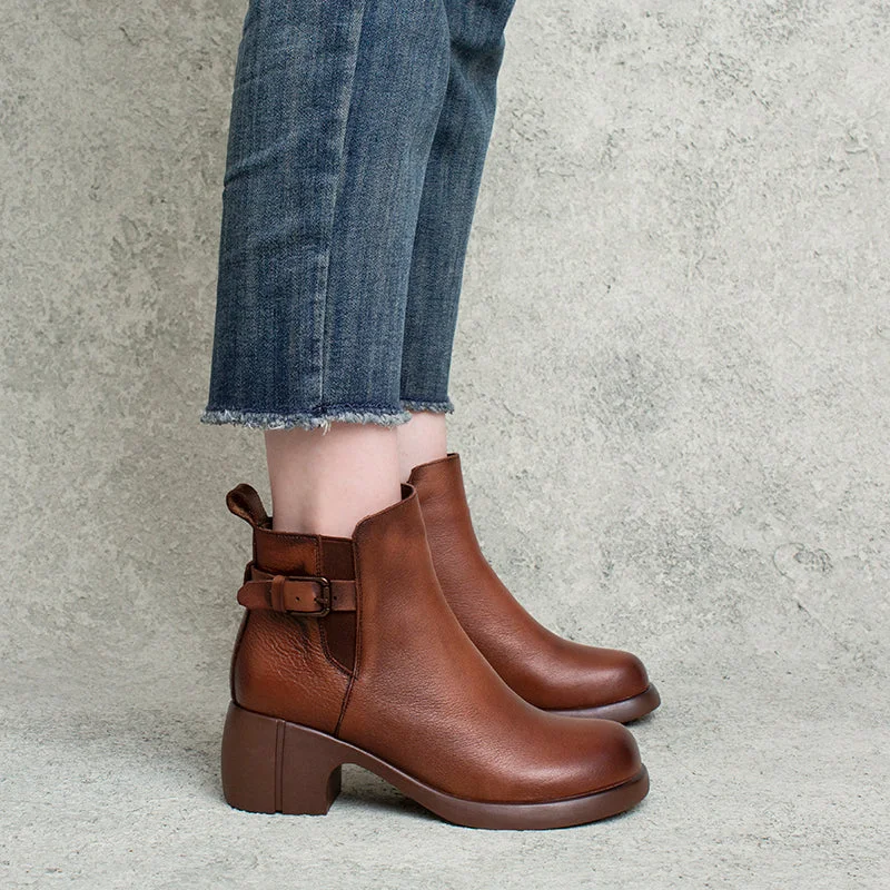 Stylish ankle boots for every season -Women Handmade Casual Leather Chunky Heel Boots