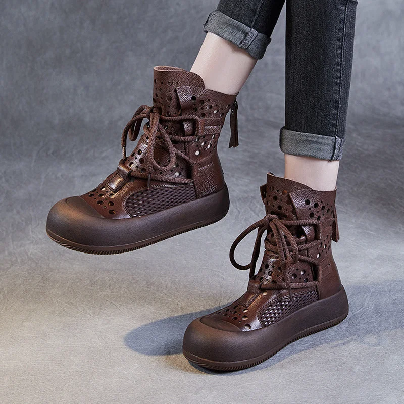 Warm boots with high traction for snow -Women Retro Hollow Breathable Flat Summer Boots