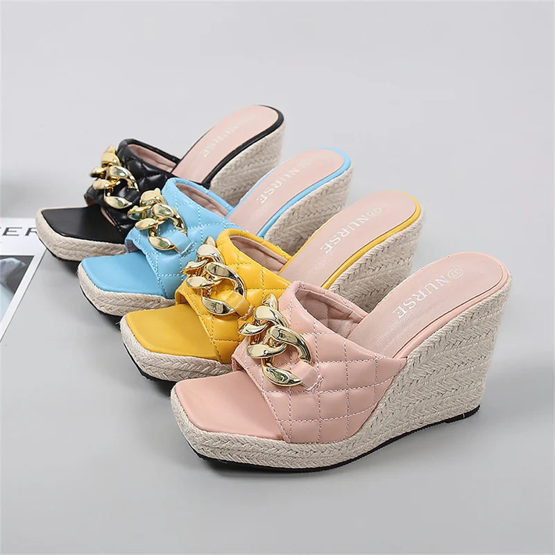 Slippers with trendy styles-Size 34-46 Women's Wedge Sandals 2024 New Outdoor Straw Wedges Heel Gladiator Sandal For Women Lady Platform Espadrille Slippers