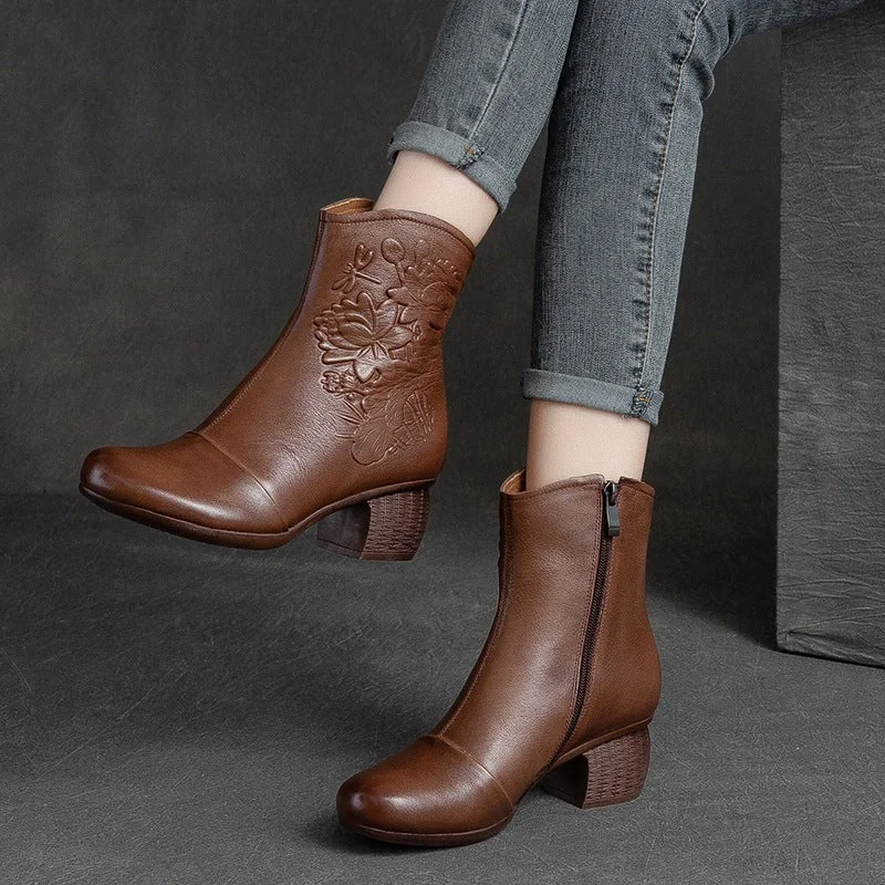 Fashionable winter boots for women -Women Retro Figured Leather Chunky Heel Mid-Calf Boots