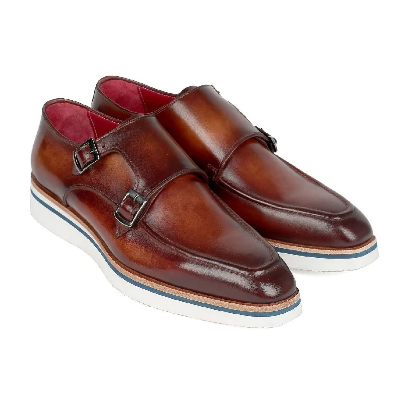 plush satin loafers-Paul Parkman 189-BRW-LTH Men's Shoes Brown Calf-Skin Leather Monk-Straps Loafers (PM6297)